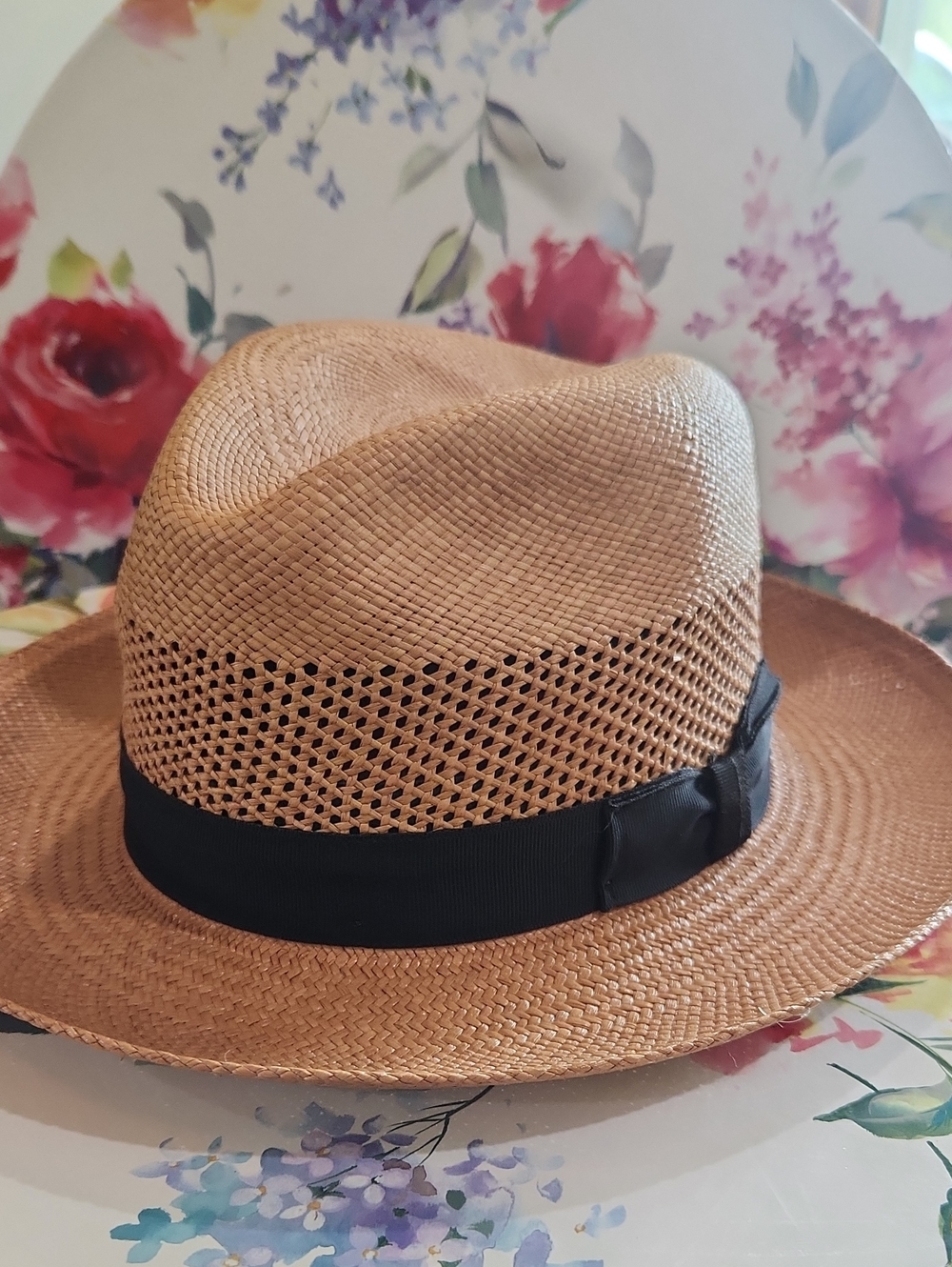 Stetson Tan Straw Fedora with Black Crown Patch